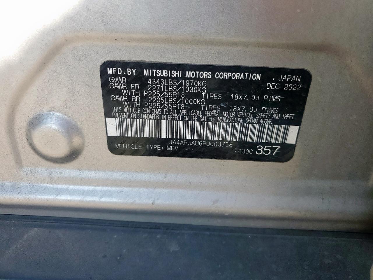 2023 Mitsubishi Outlander Sport S/Se VIN: JA4ARUAU6PU003758 Lot: 92604995