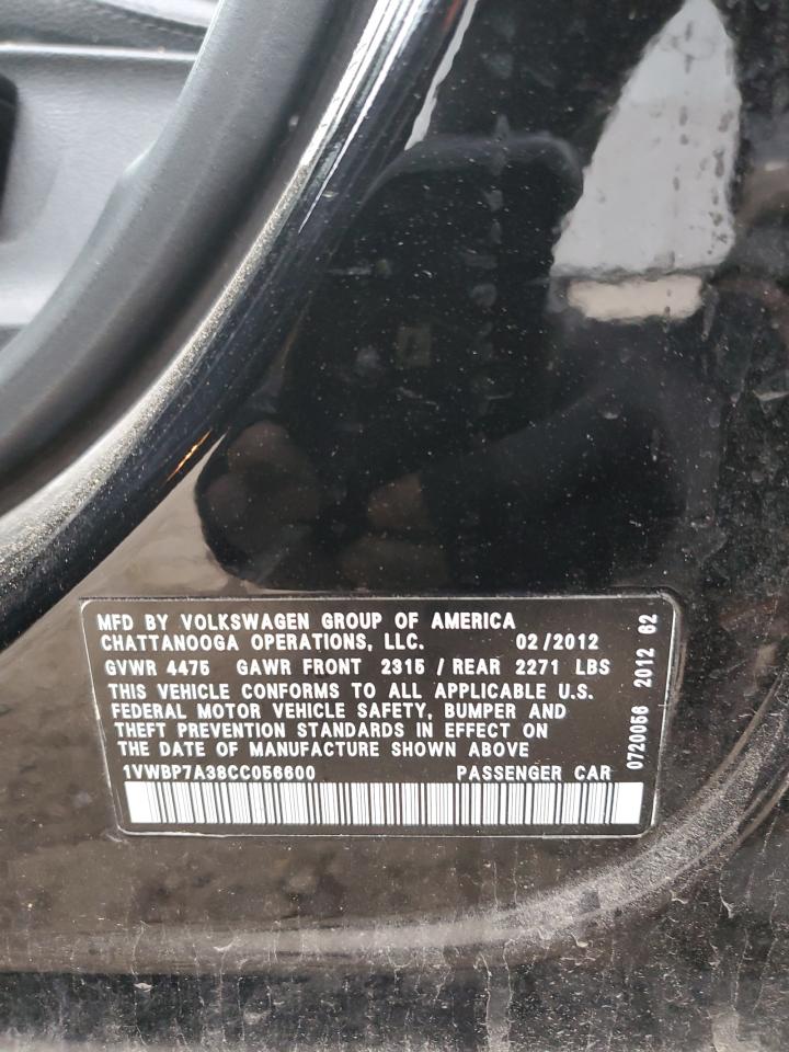 2012 Volkswagen Passat Se VIN: 1VWBP7A38CC056600 Lot: 91457525