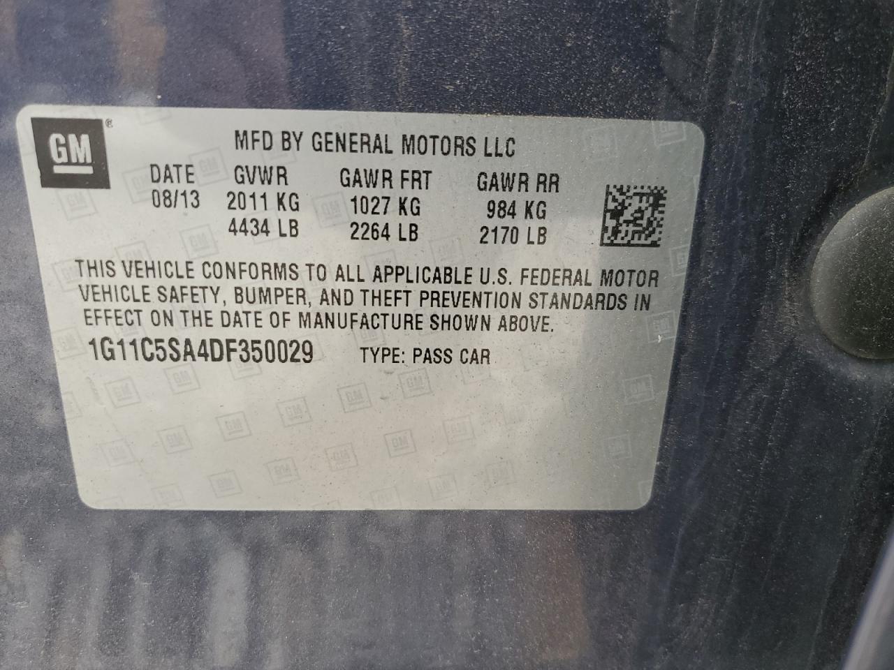 2013 Chevrolet Malibu 1Lt VIN: 1G11C5SA4DF350029 Lot: 93552215