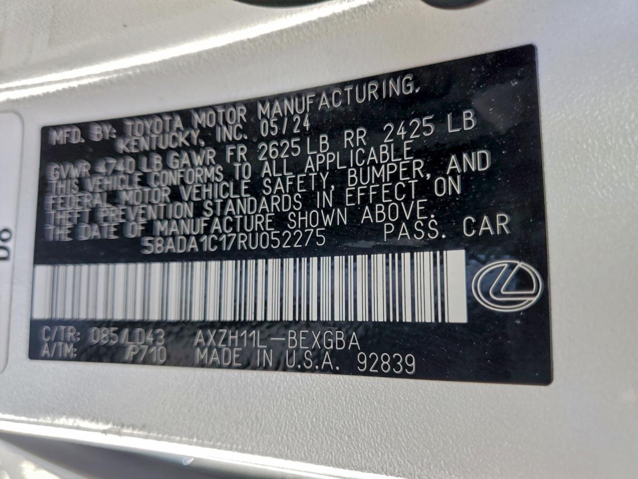 2024 Lexus Es 300H Base VIN: 58ADA1C17RU052275 Lot: 94771435