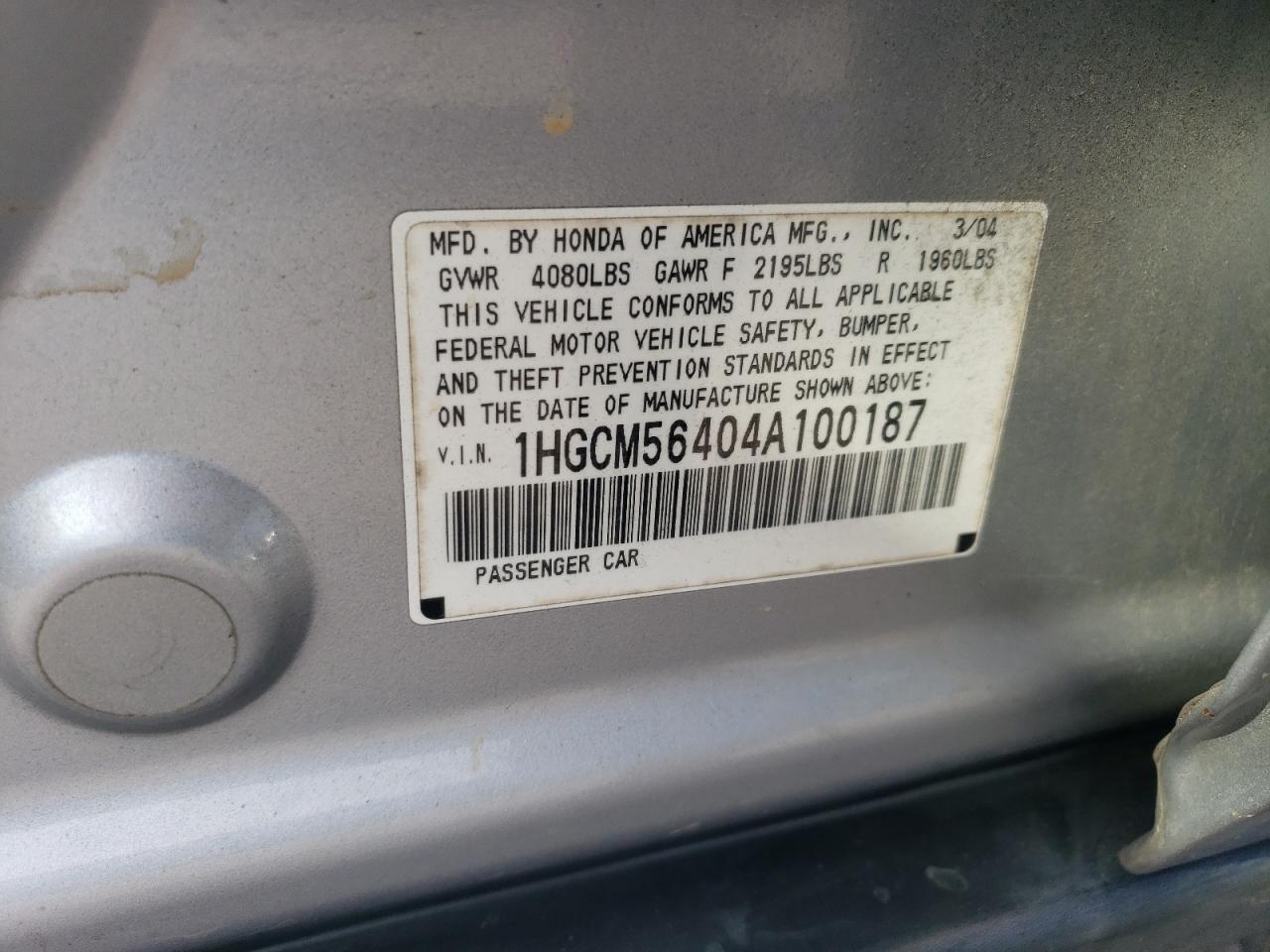 2004 Honda Accord Lx VIN: 1HGCM56404A100187 Lot: 92123185