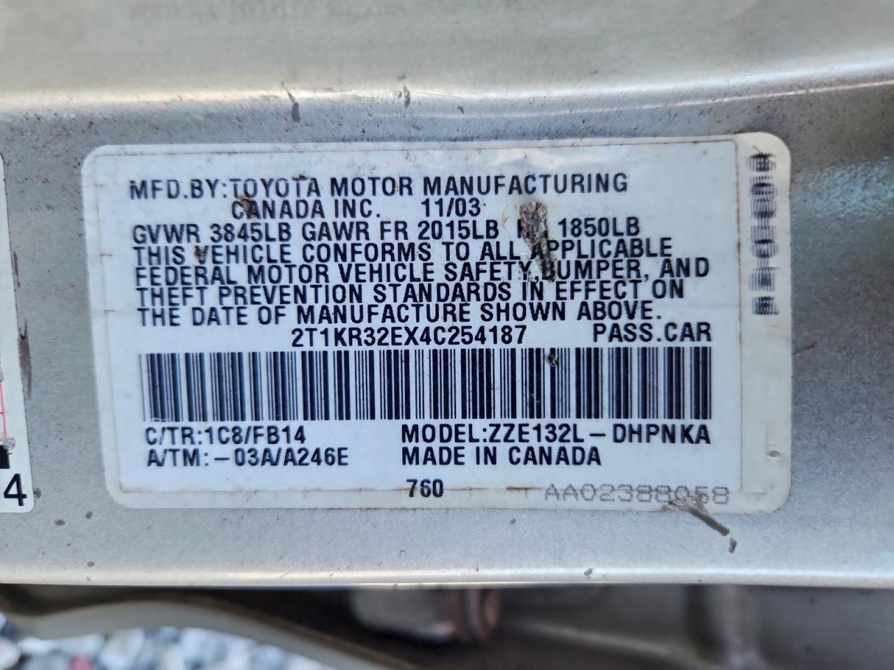 2004 Toyota Corolla Matrix Xr VIN: 2T1KR32EX4C254187 Lot: 93704525