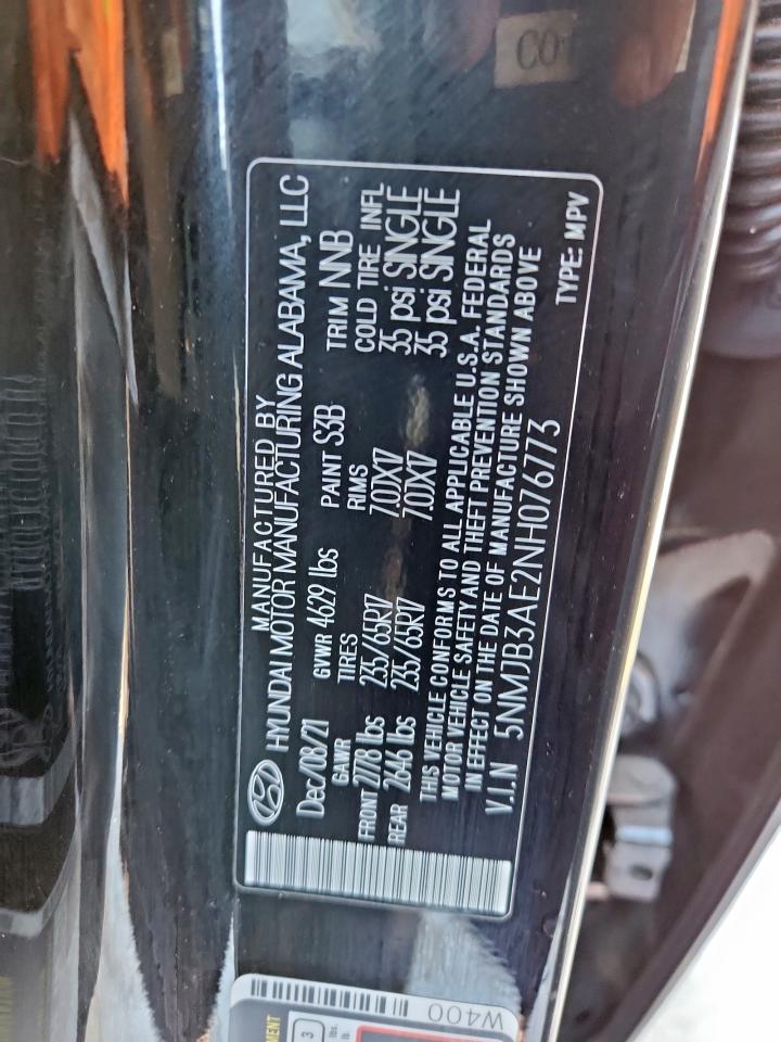 2022 Hyundai Tucson Sel VIN: 5NMJB3AE2NH076773 Lot: 92189655