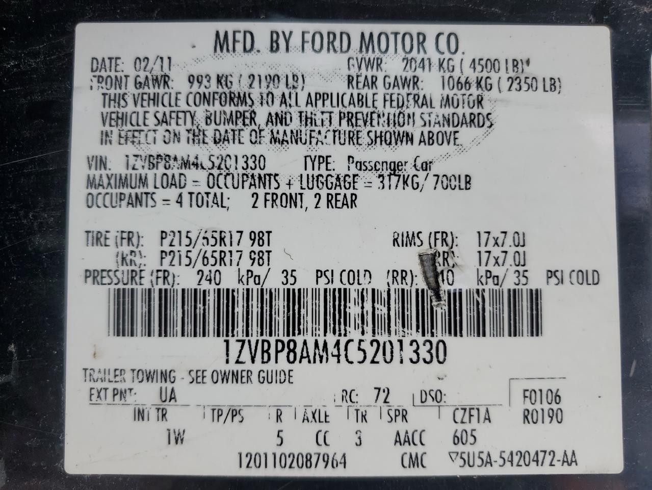 2012 Ford Mustang VIN: 1ZVBP8AM4C5201330 Lot: 93332435