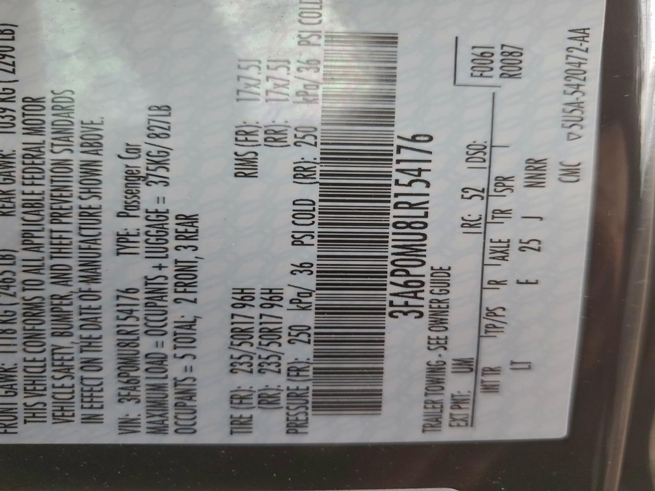 2020 Ford Fusion Sel VIN: R154176 Lot: 94418775