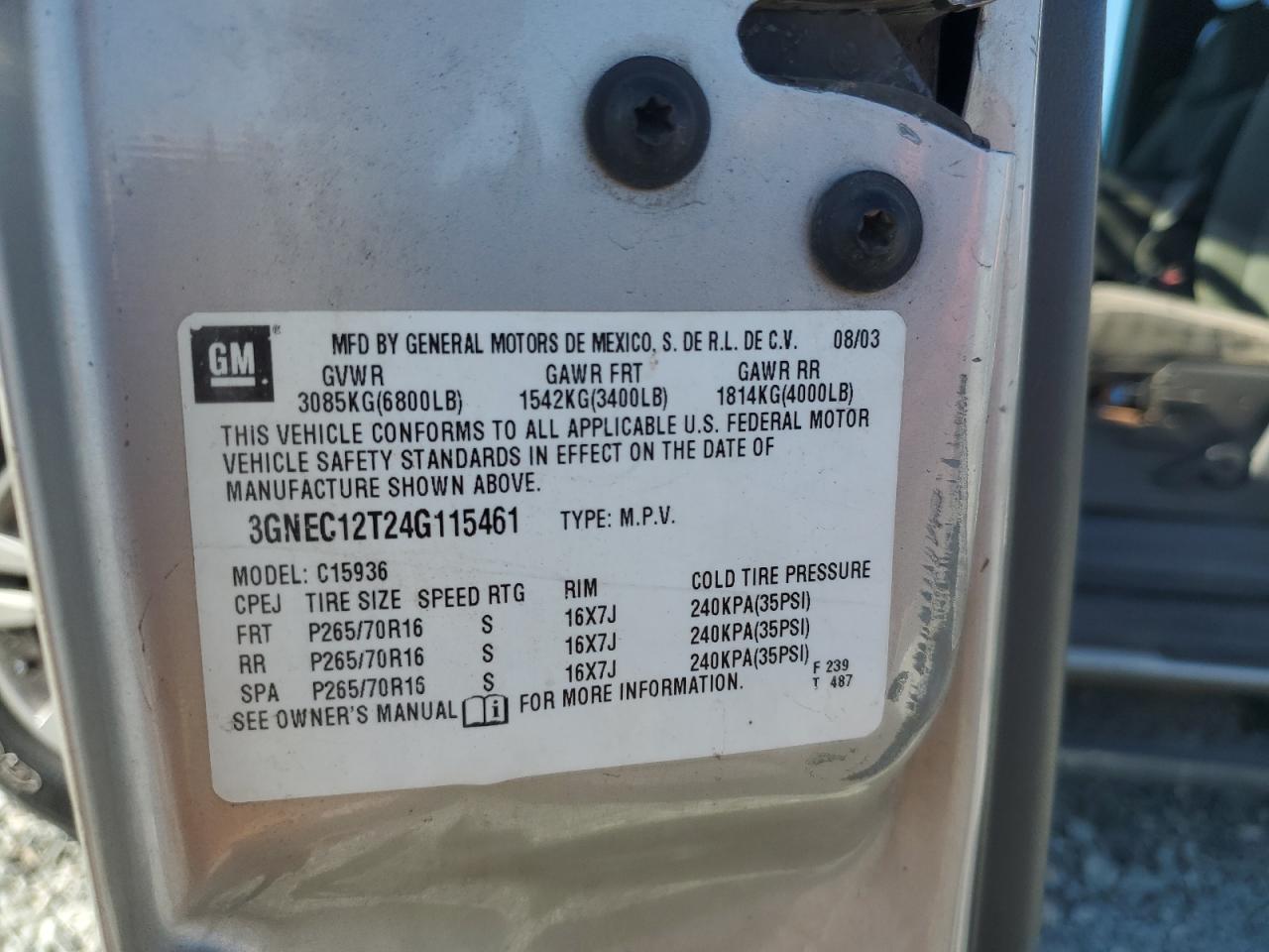 2004 Chevrolet Avalanche C1500 VIN: 3GNEC12T24G115461 Lot: 92614495