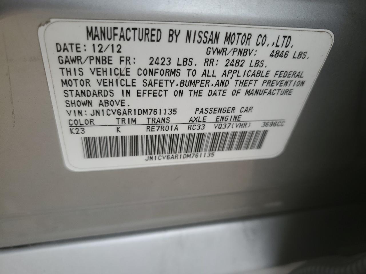 2013 Infiniti G37 VIN: JN1CV6AR1DM761135 Lot: 92744855