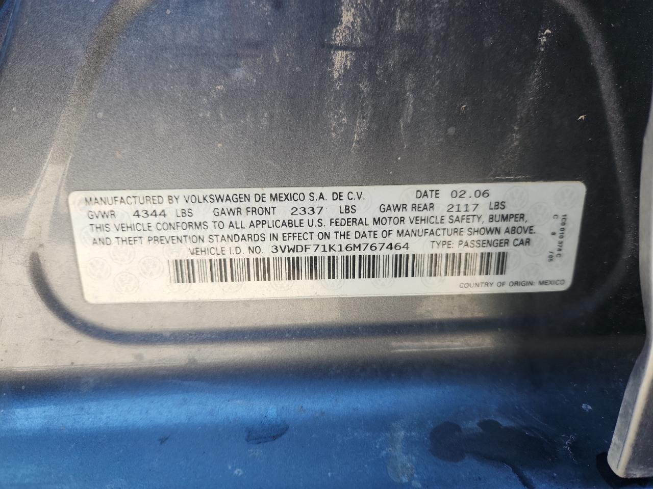 2006 Volkswagen Jetta 2.5L Leather VIN: 3VWDF71K16M767464 Lot: 93254225