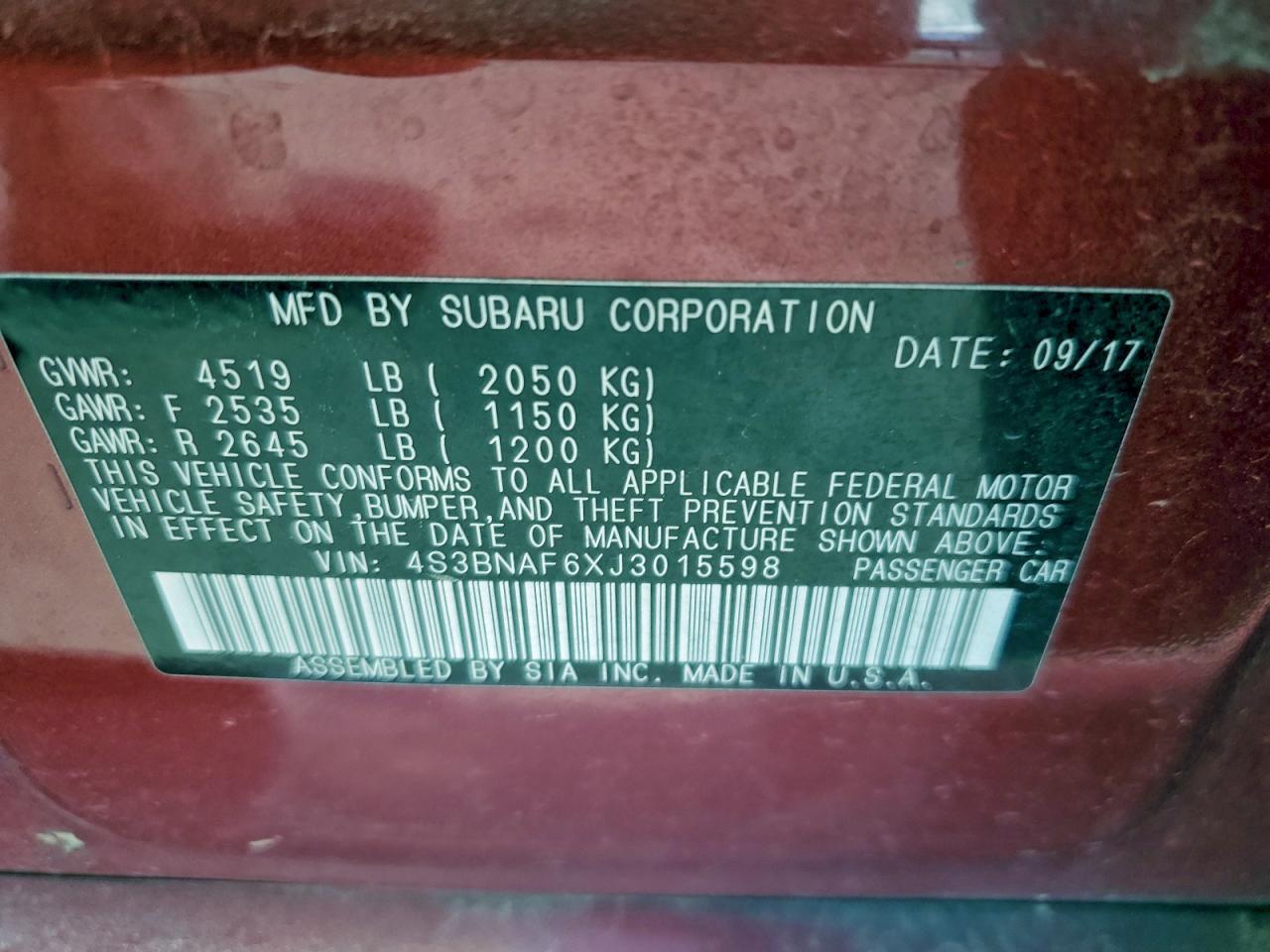 2018 Subaru Legacy 2.5I Premium VIN: 4S3BNAF6XJ3015598 Lot: 93063425