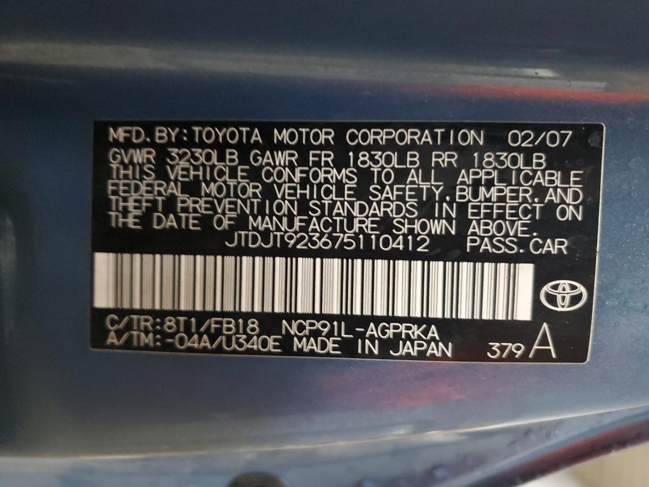 2007 Toyota Yaris VIN: JTDJT923675110412 Lot: 91315905