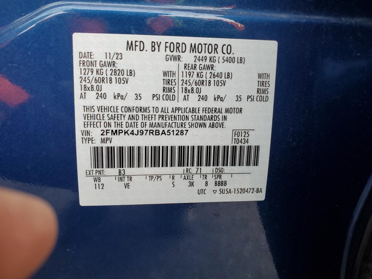 2024 Ford Edge Sel VIN: 2FMPK4J97RBA51287 Lot: 91521005