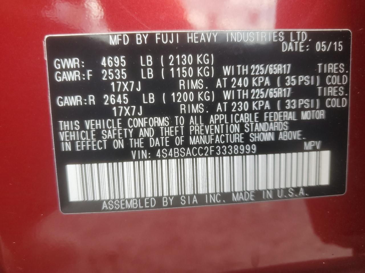 2015 Subaru Outback 2.5I Premium VIN: 4S4BSACC2F3338999 Lot: 93738985