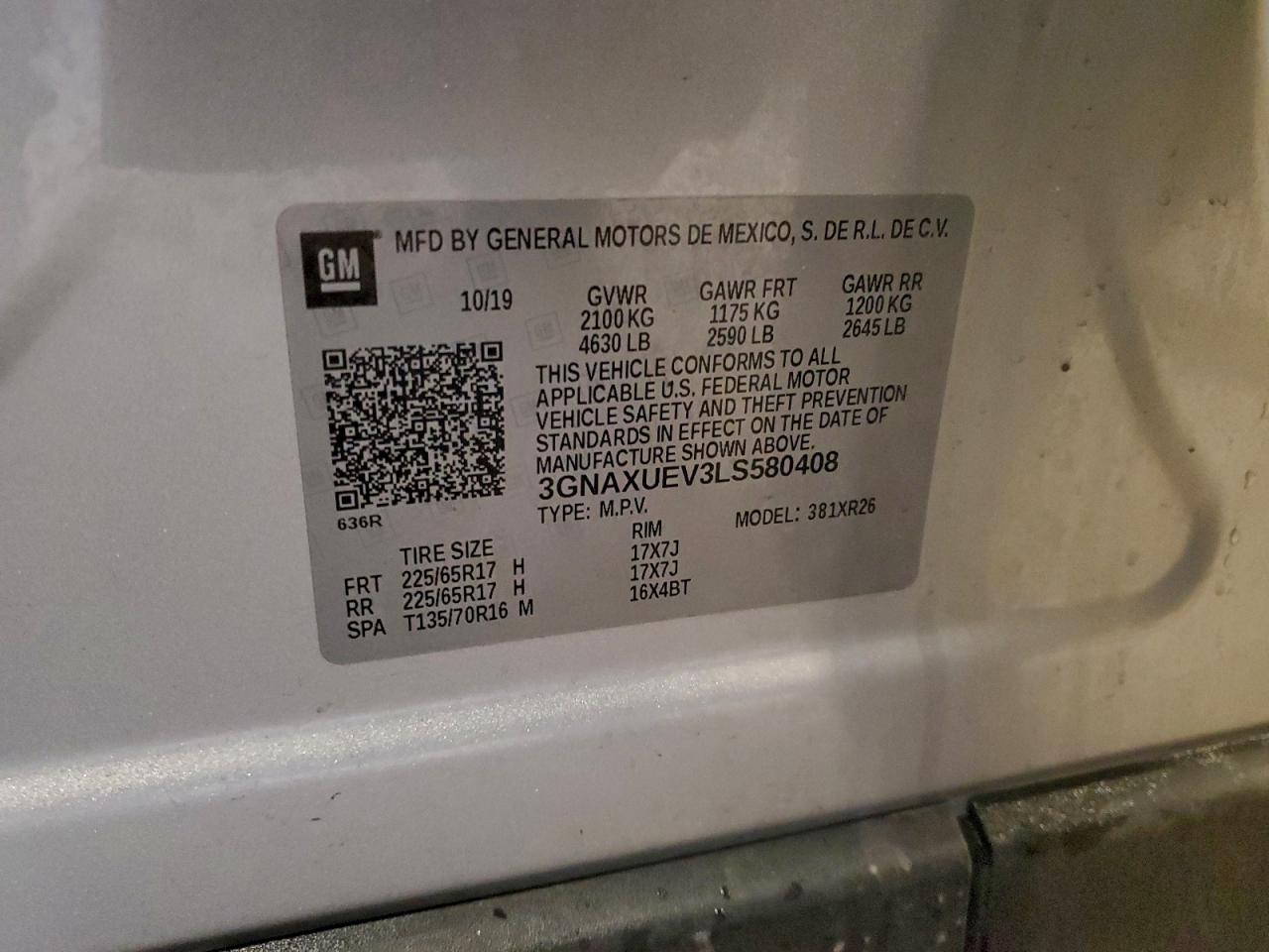 2020 Chevrolet Equinox Lt VIN: 3GNAXUEV3LS580408 Lot: 94057435