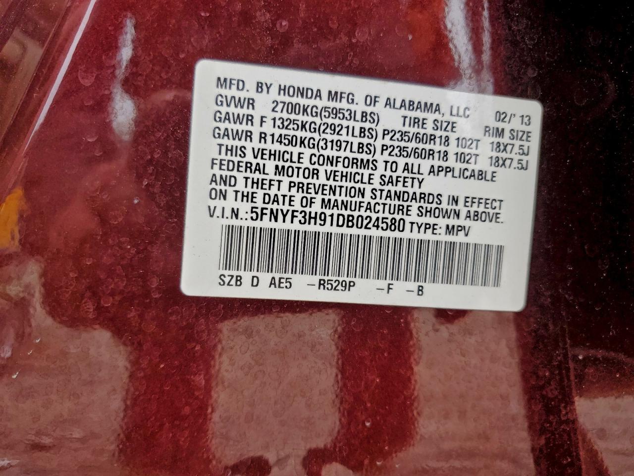 2013 Honda Pilot Touring VIN: 5FNYF3H91DB024580 Lot: 93924805