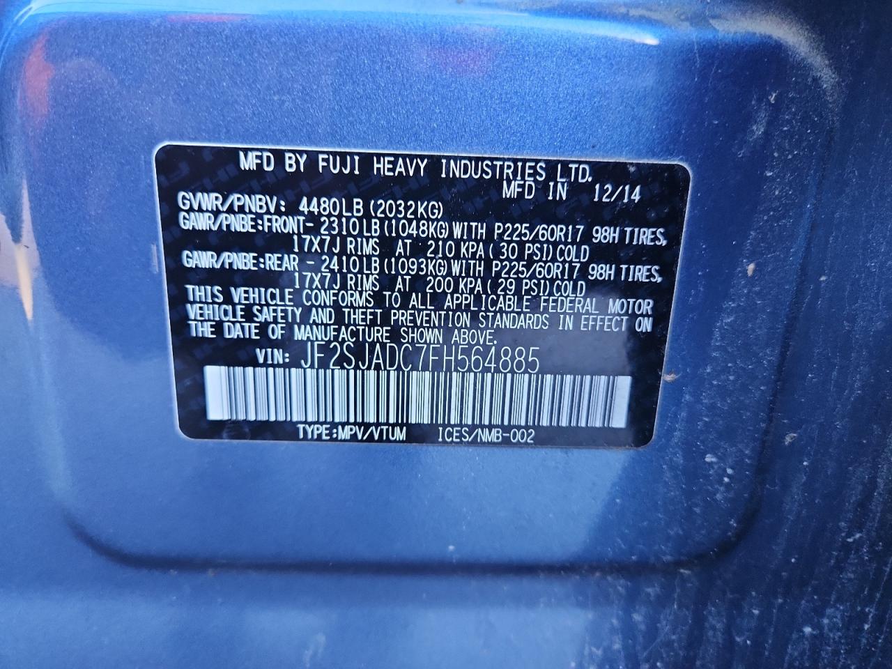 2015 Subaru Forester 2.5I Premium VIN: JF2SJADC7FH564885 Lot: 90499115