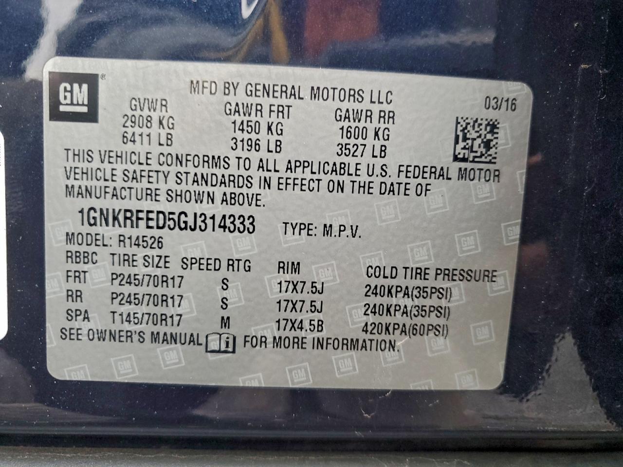 2016 Chevrolet Traverse Ls VIN: 1GNKRFED5GJ314333 Lot: 94134135