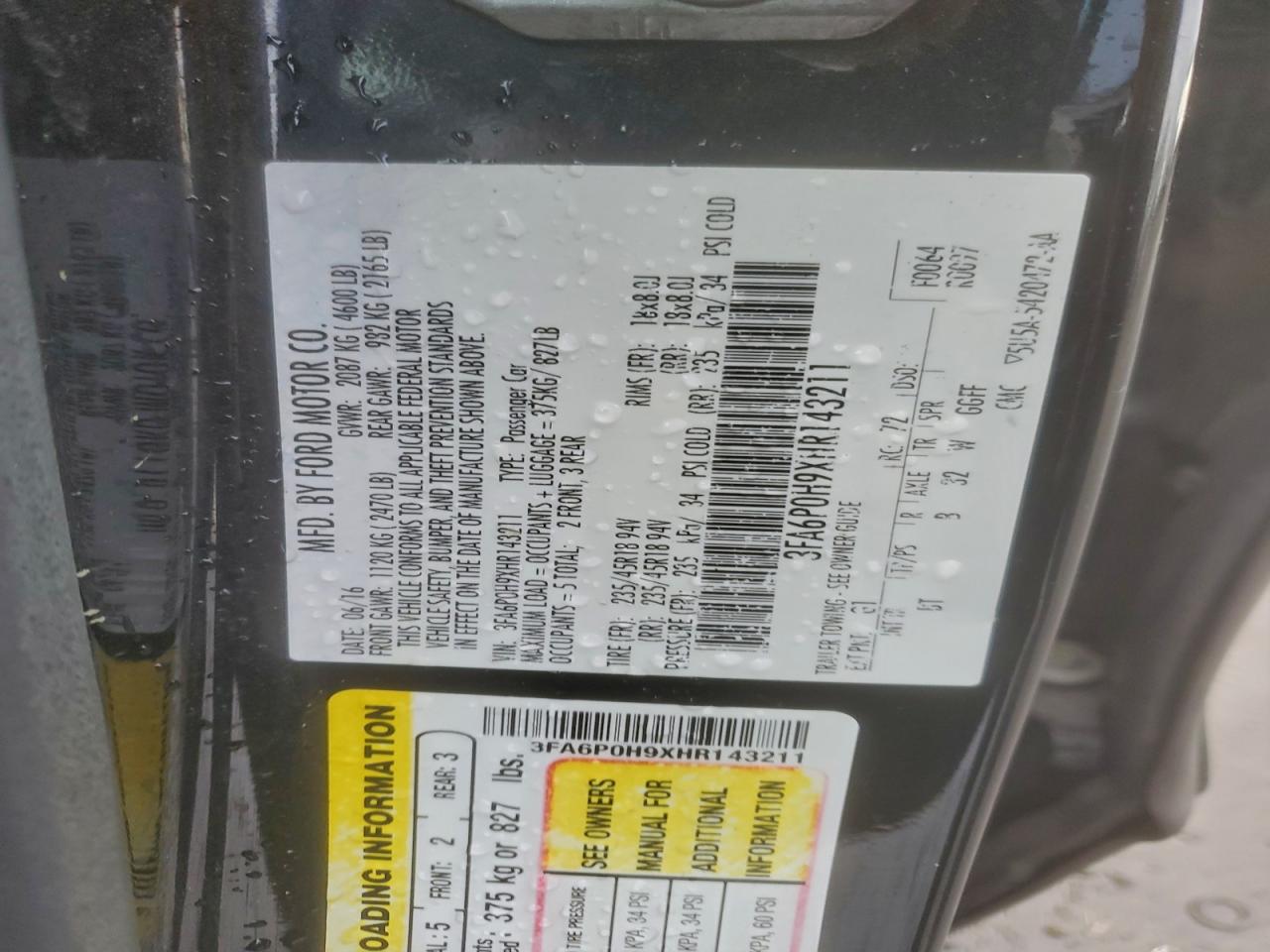 2017 Ford Fusion Se VIN: 3FA6P0H9XHR143211 Lot: 93975445