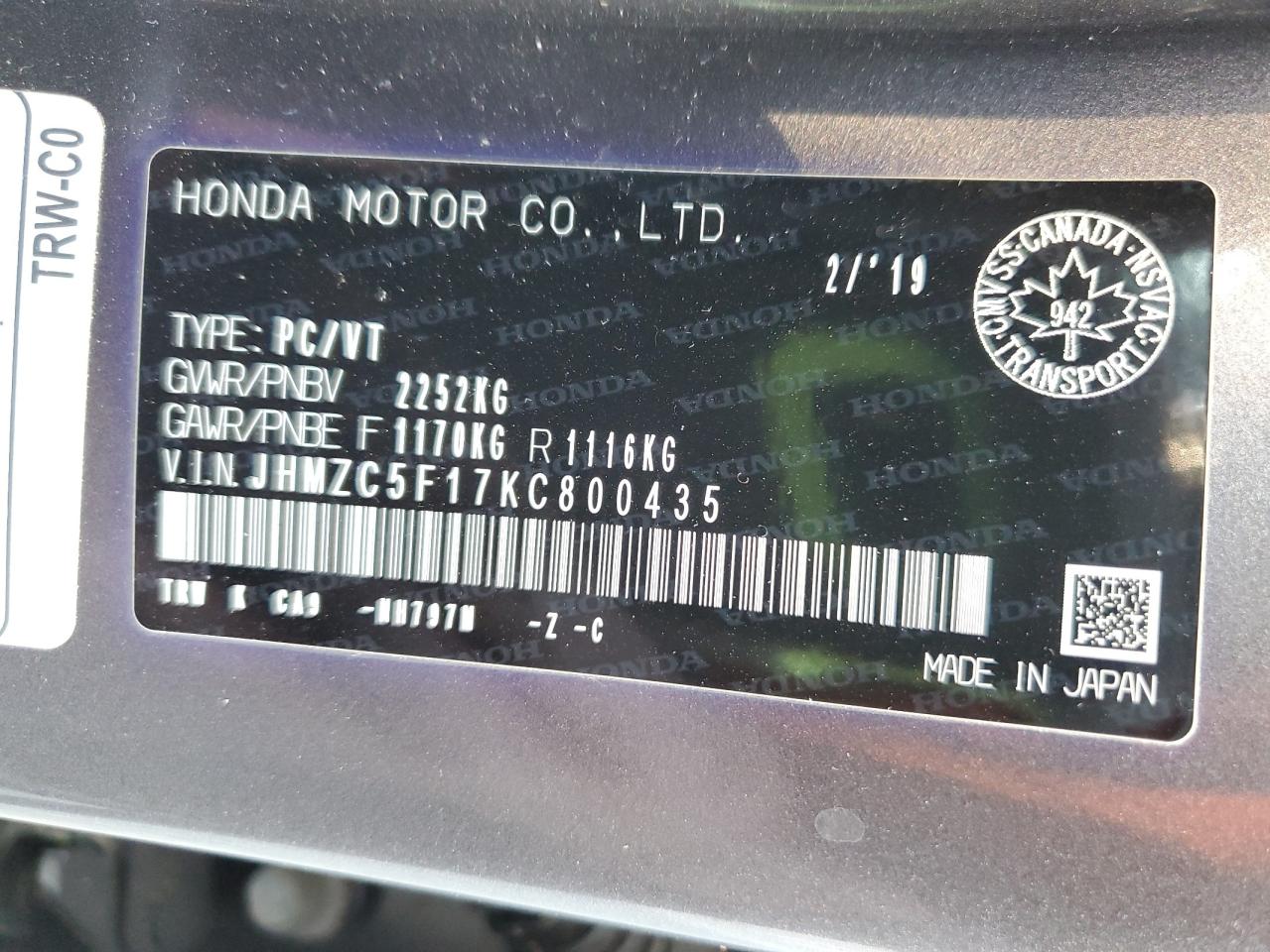 2019 Honda Clarity VIN: JHMZC5F17KC800435 Lot: 93327715