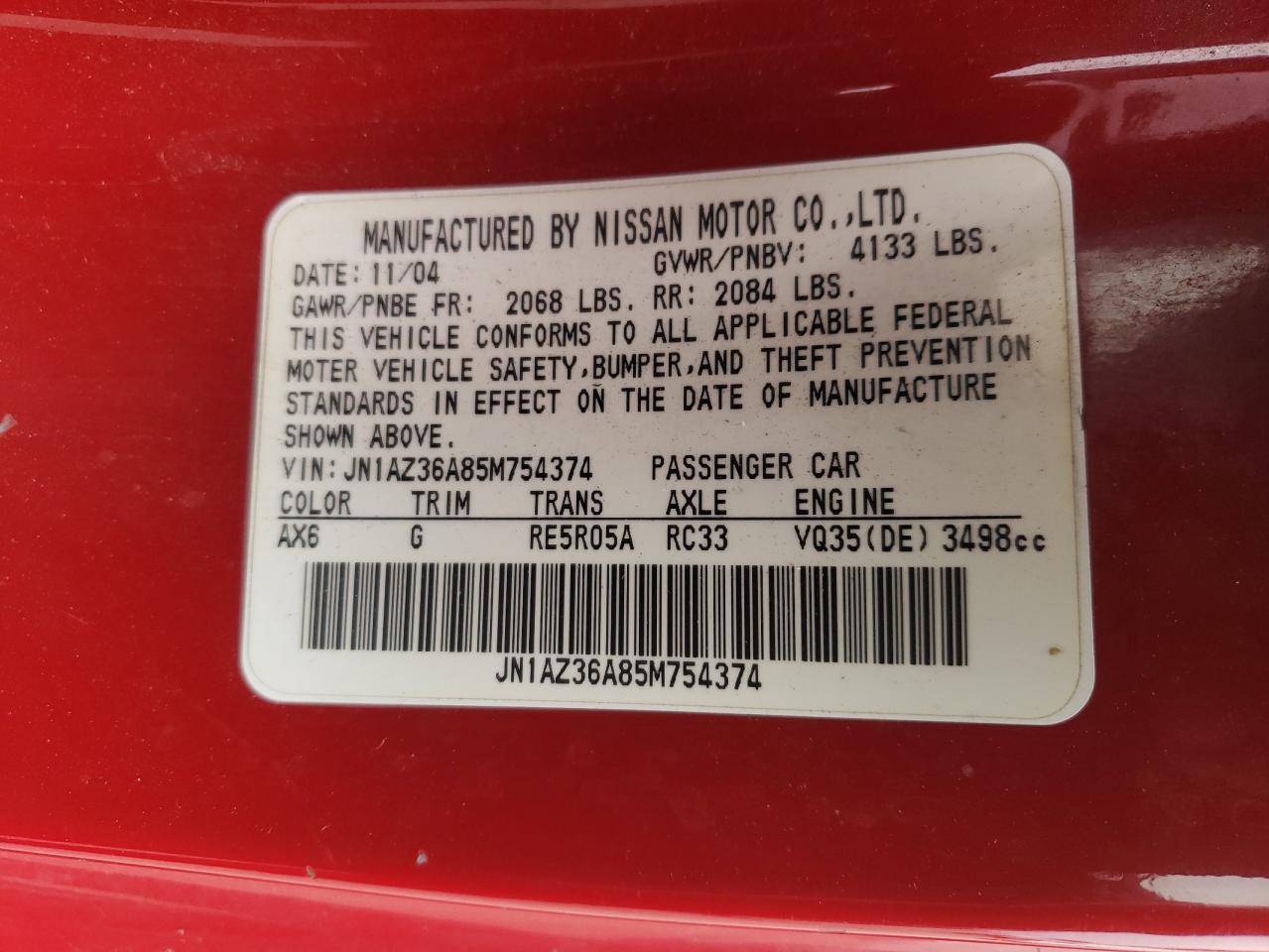 2005 Nissan 350Z Roadster VIN: JN1AZ36A85M754374 Lot: 93811905