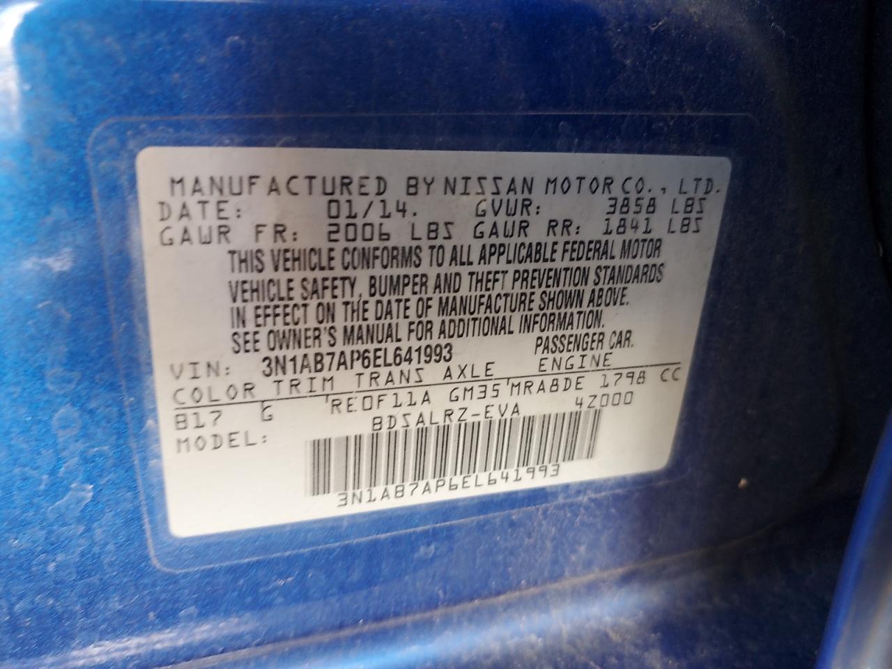 2014 Nissan Sentra S VIN: 3N1AB7AP6EL641993 Lot: 92001345