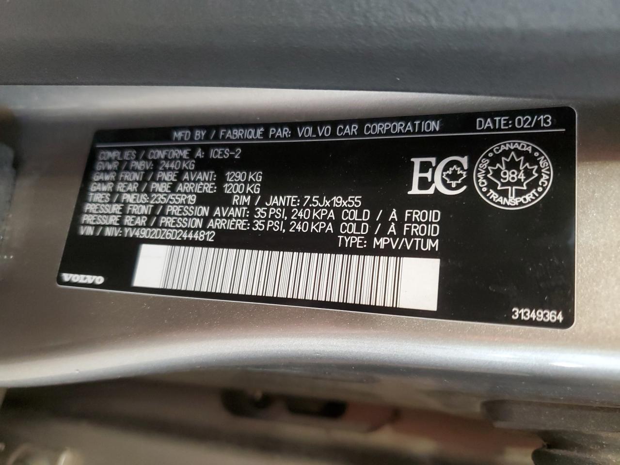 2013 Volvo Xc60 T6 VIN: YV4902DZ6D2444812 Lot: 85438305