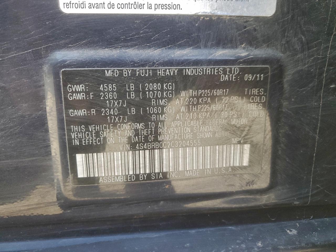 2012 Subaru Outback 2.5I Premium VIN: 4S4BRBCC2C3204555 Lot: 94319955