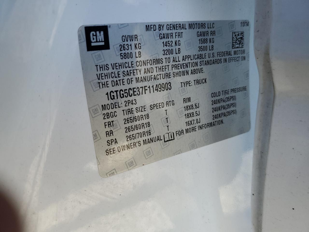 2015 GMC Canyon Slt VIN: 1GTG5CE37F1149903 Lot: 92406795