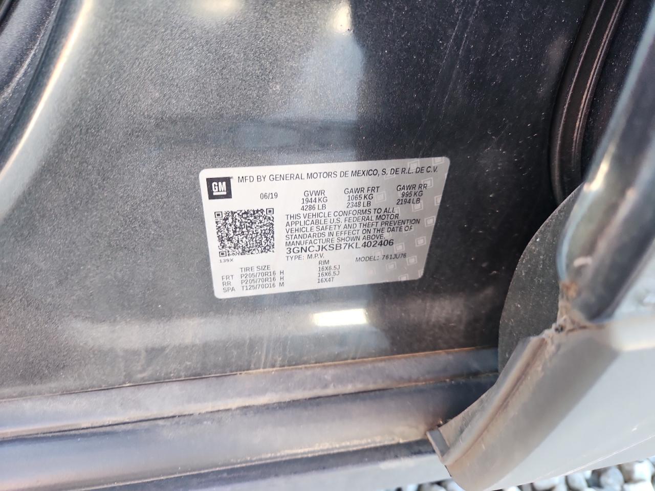 2019 Chevrolet Trax Ls VIN: 3GNCJKSB7KL402406 Lot: 91452285