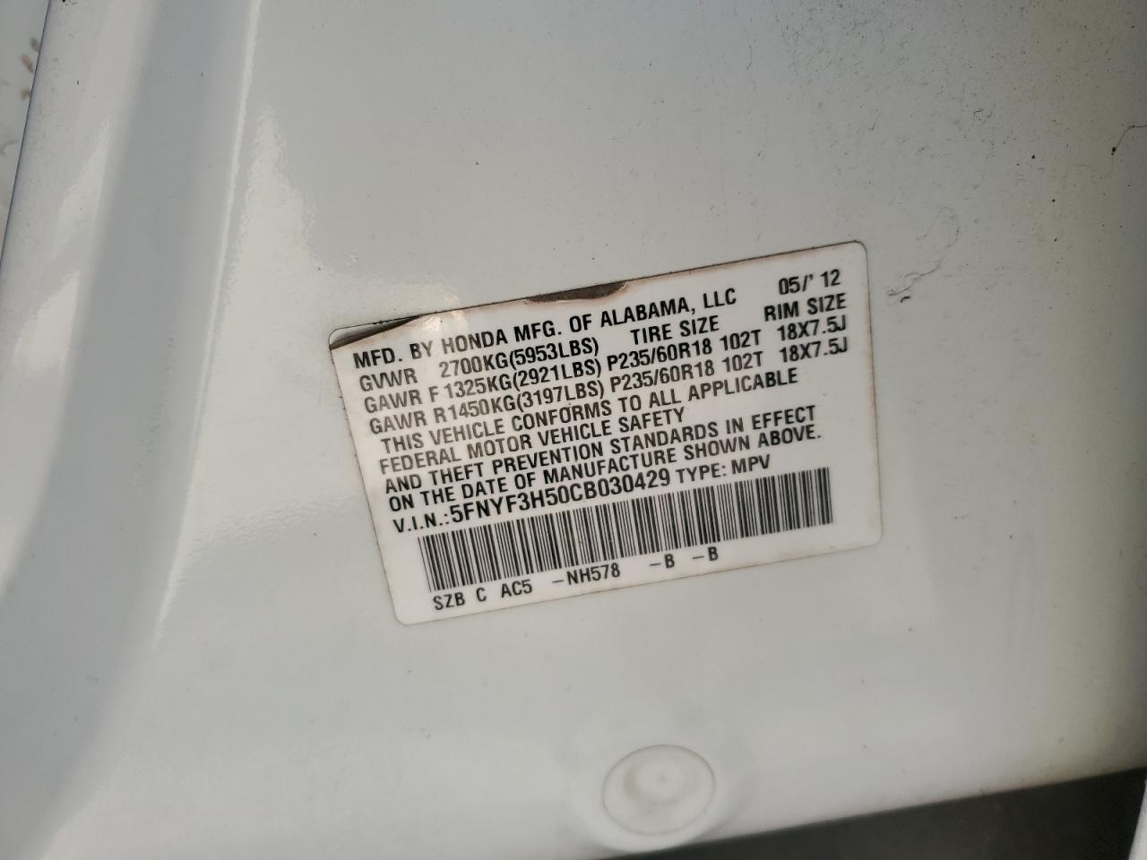 2012 Honda Pilot Exl VIN: 5FNYF3H50CB030429 Lot: 92257005