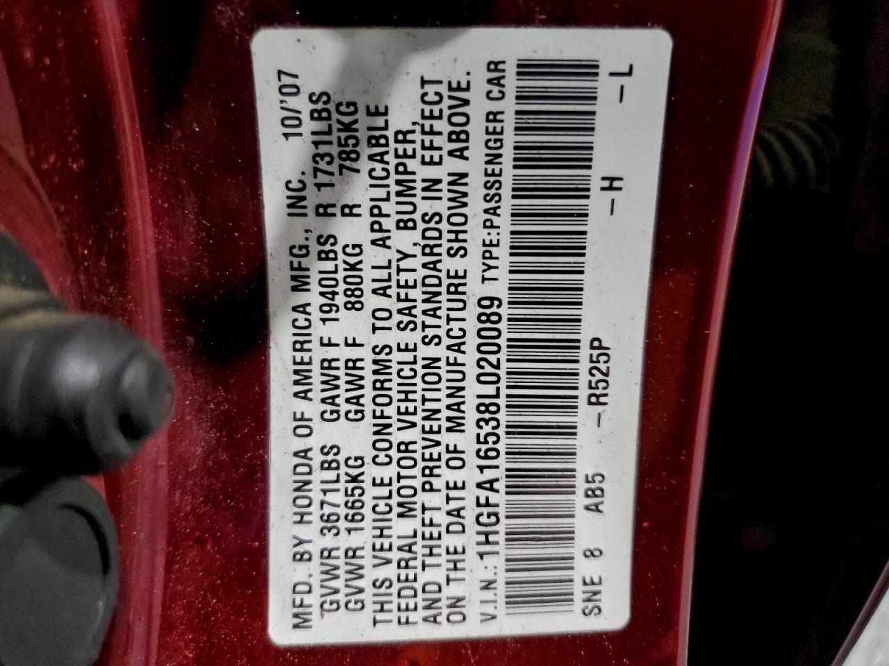 2008 Honda Civic Lx VIN: 1HGFA16538L020089 Lot: 94317615