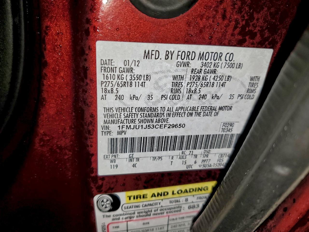 2012 Ford Expedition Xlt VIN: 1FMJU1J53CEF29650 Lot: 94293325