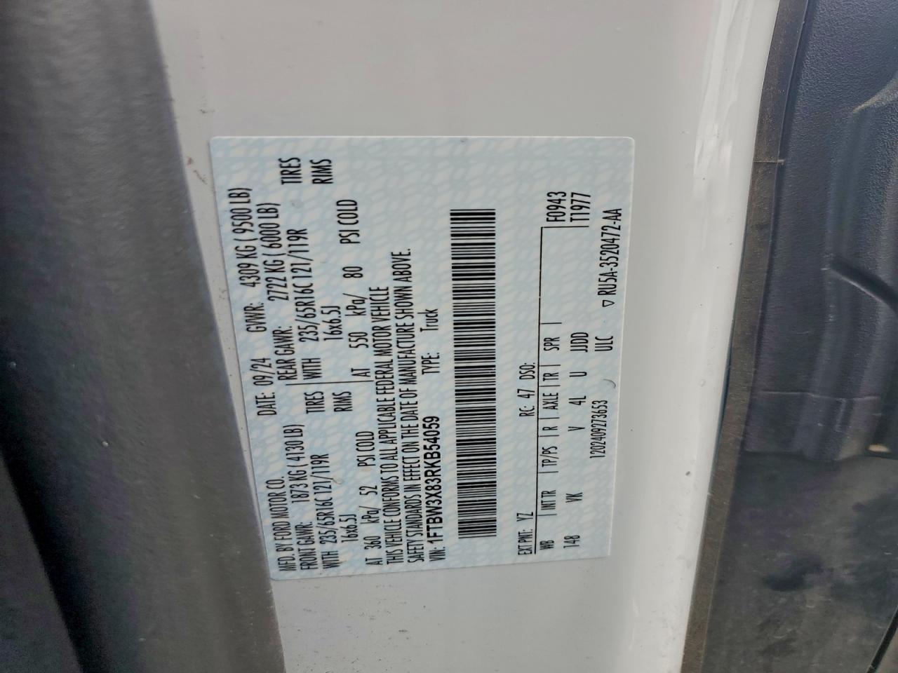 2024 Ford Transit T-350 VIN: 1FTBW3X83RKB54059 Lot: 94078205