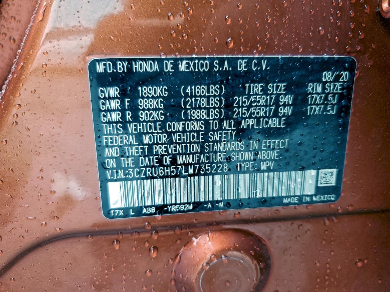 2020 Honda Hr-V Ex VIN: 3CZRU6H57LM735228 Lot: 94295715