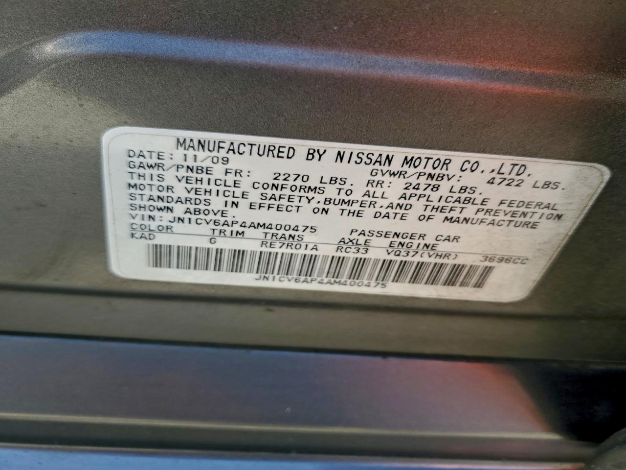 2010 Infiniti G37 Base VIN: JN1CV6AP4AM400475 Lot: 94368675