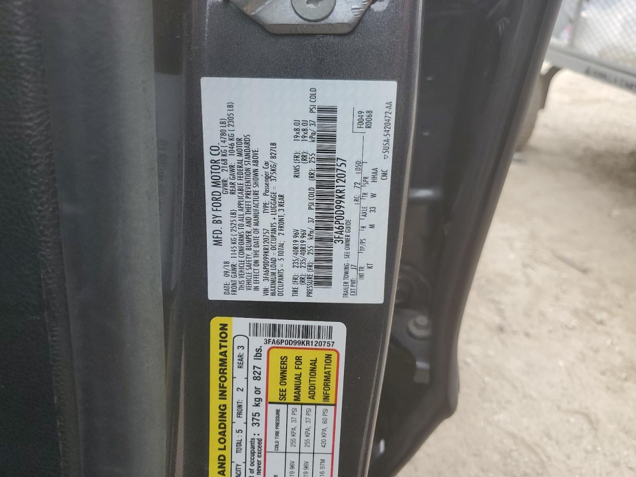 2019 Ford Fusion Titanium VIN: 3FA6P0D99KR120757 Lot: 92305315