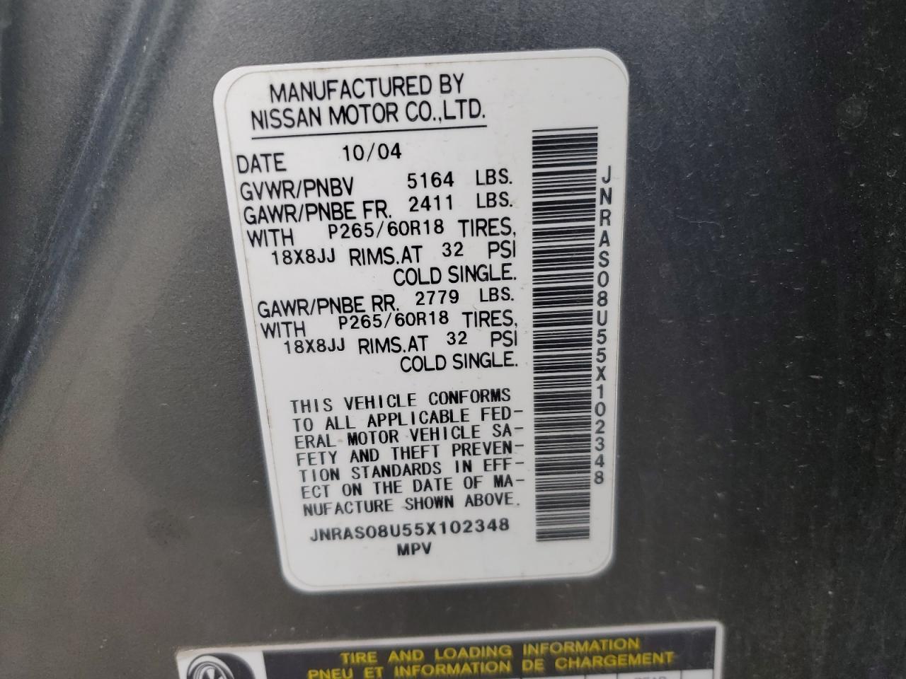 2005 Infiniti Fx35 VIN: JNRAS08U55X102348 Lot: 93455815