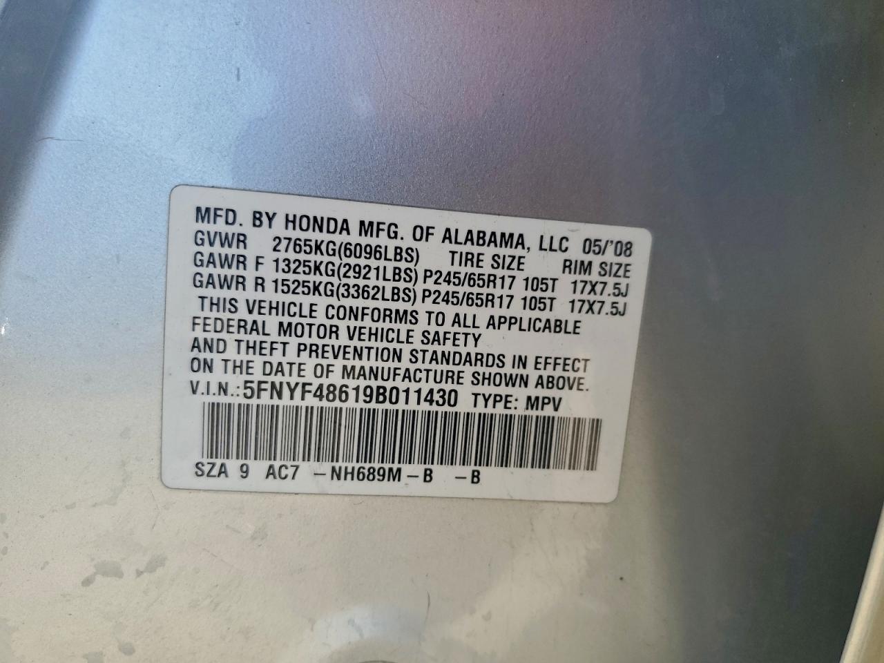 2009 Honda Pilot Exl VIN: 5FNYF48619B011430 Lot: 94485545