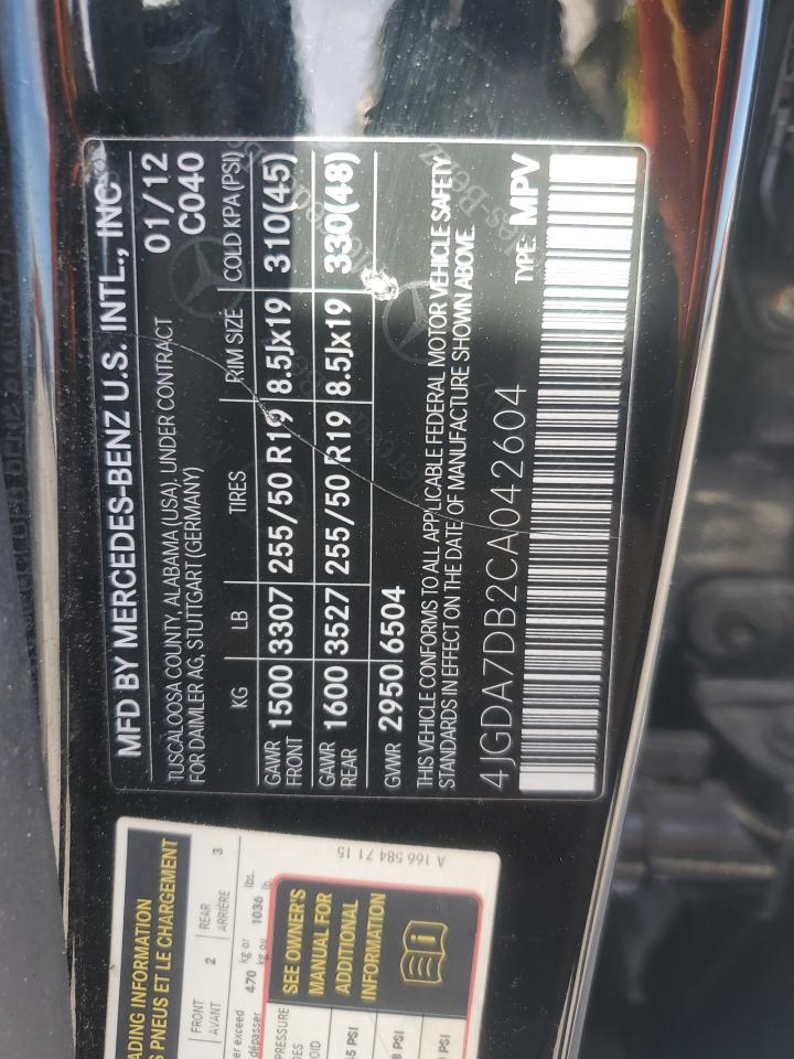 2012 Mercedes-Benz Ml 550 4Matic VIN: 4JGDA7DB2CA042604 Lot: 91049065