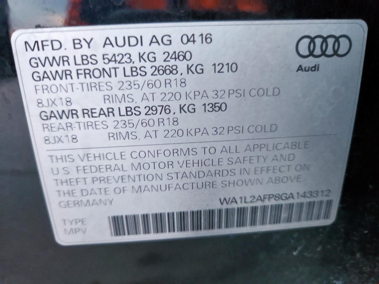 2016 Audi Q5 Premium Plus VIN: WA1L2AFP8GA143312 Lot: 91176395