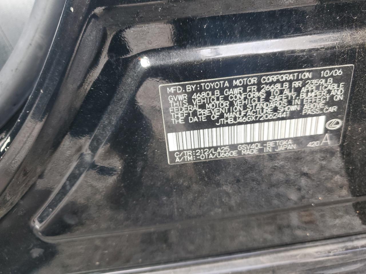 2007 Lexus Es 350 VIN: JTHBJ46GX72062441 Lot: 93506455