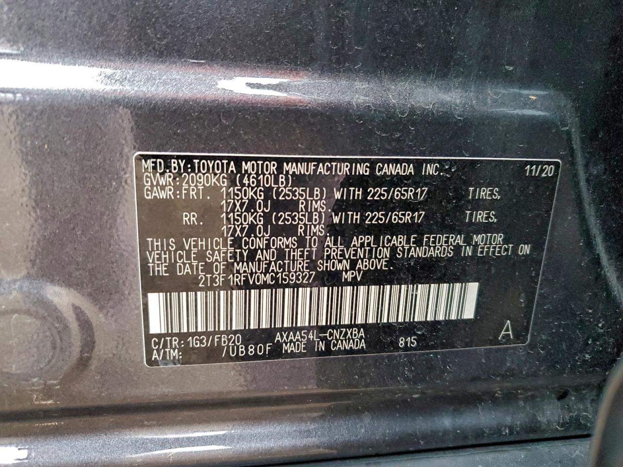 2021 Toyota Rav4 Le VIN: 2T3F1RFV0MC159327 Lot: 93500125