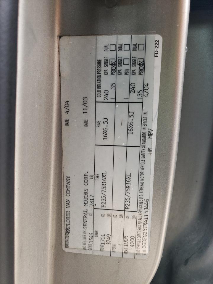 2004 GMC Savana Rv G1500 VIN: 1GDFG15TX41153446 Lot: 92921375