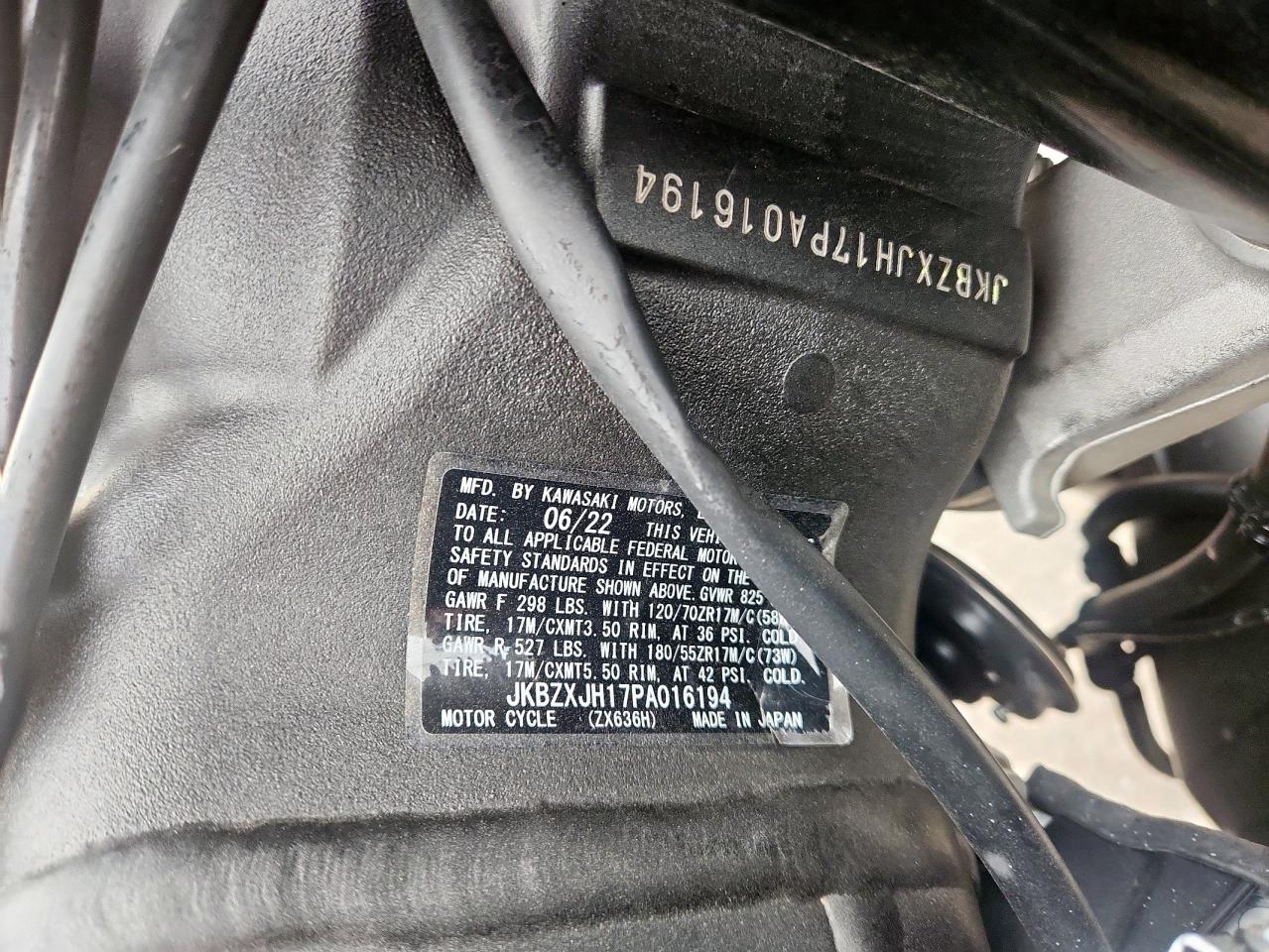 2023 Kawasaki Zx636 K VIN: JKBZXJH17PA016194 Lot: 93053535