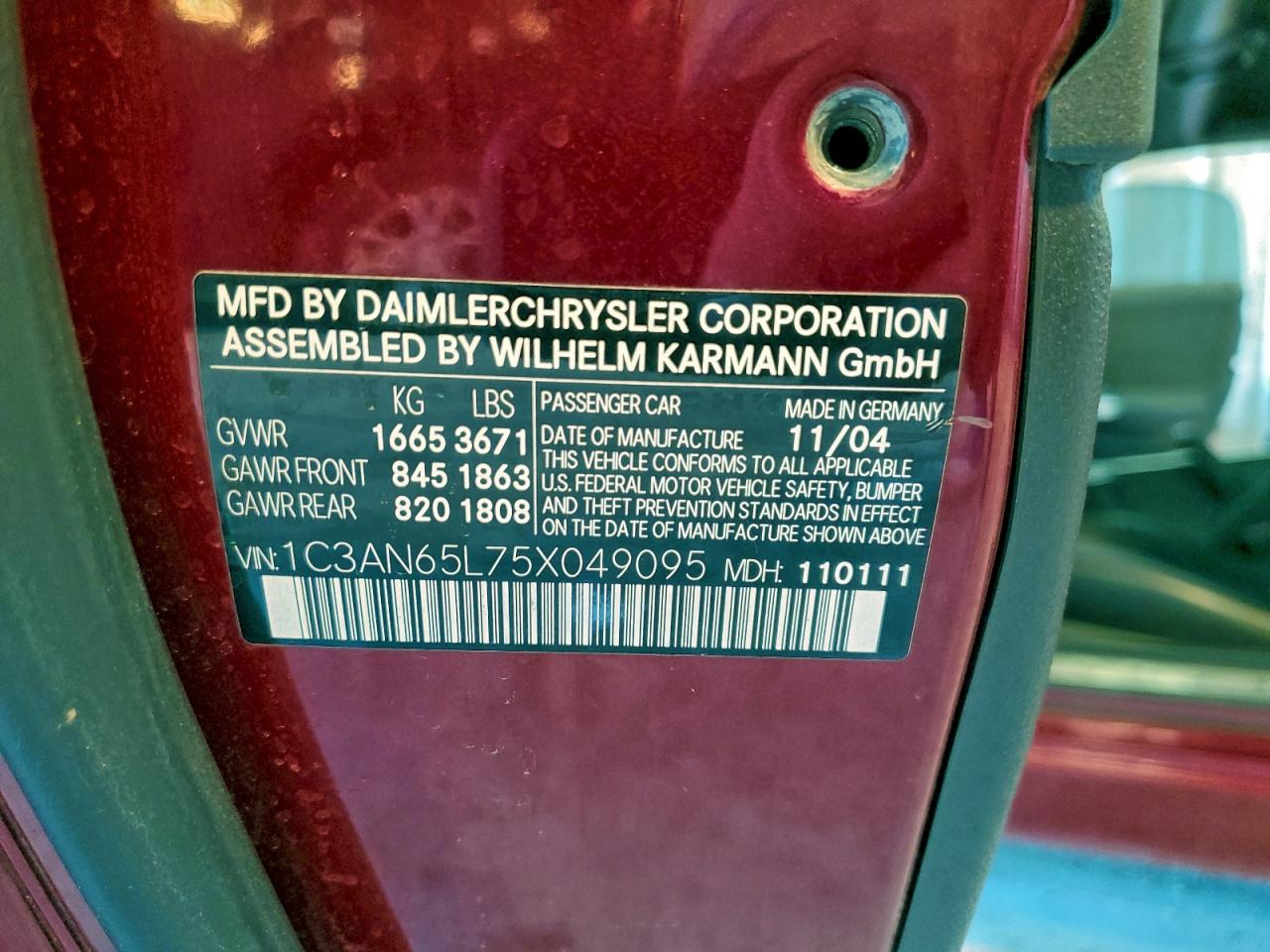 2005 Chrysler Crossfire Limited VIN: 1C3AN65L75X049095 Lot: 94359775