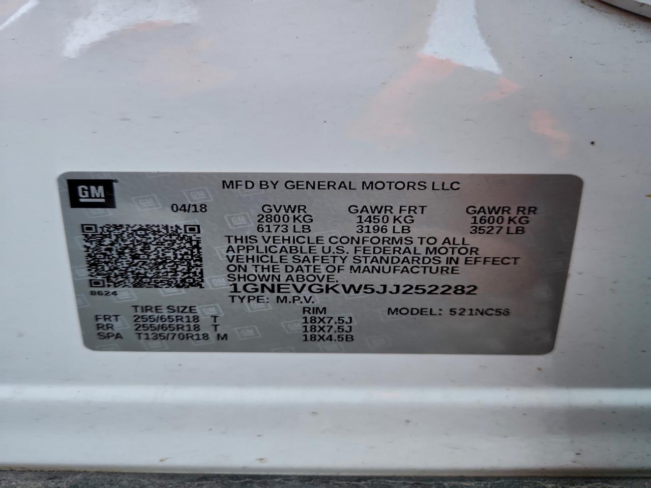 2018 Chevrolet Traverse Lt VIN: 1GNEVGKW5JJ252282 Lot: 91876705