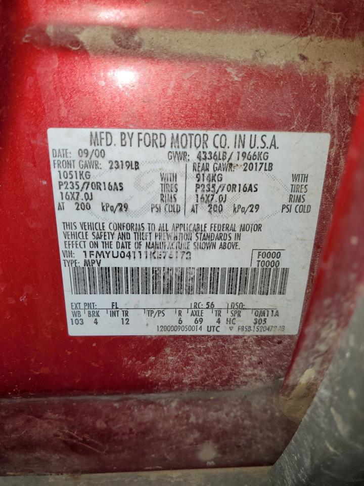 2001 Ford Escape Xlt VIN: 1FMYU04111KE76172 Lot: 92000885