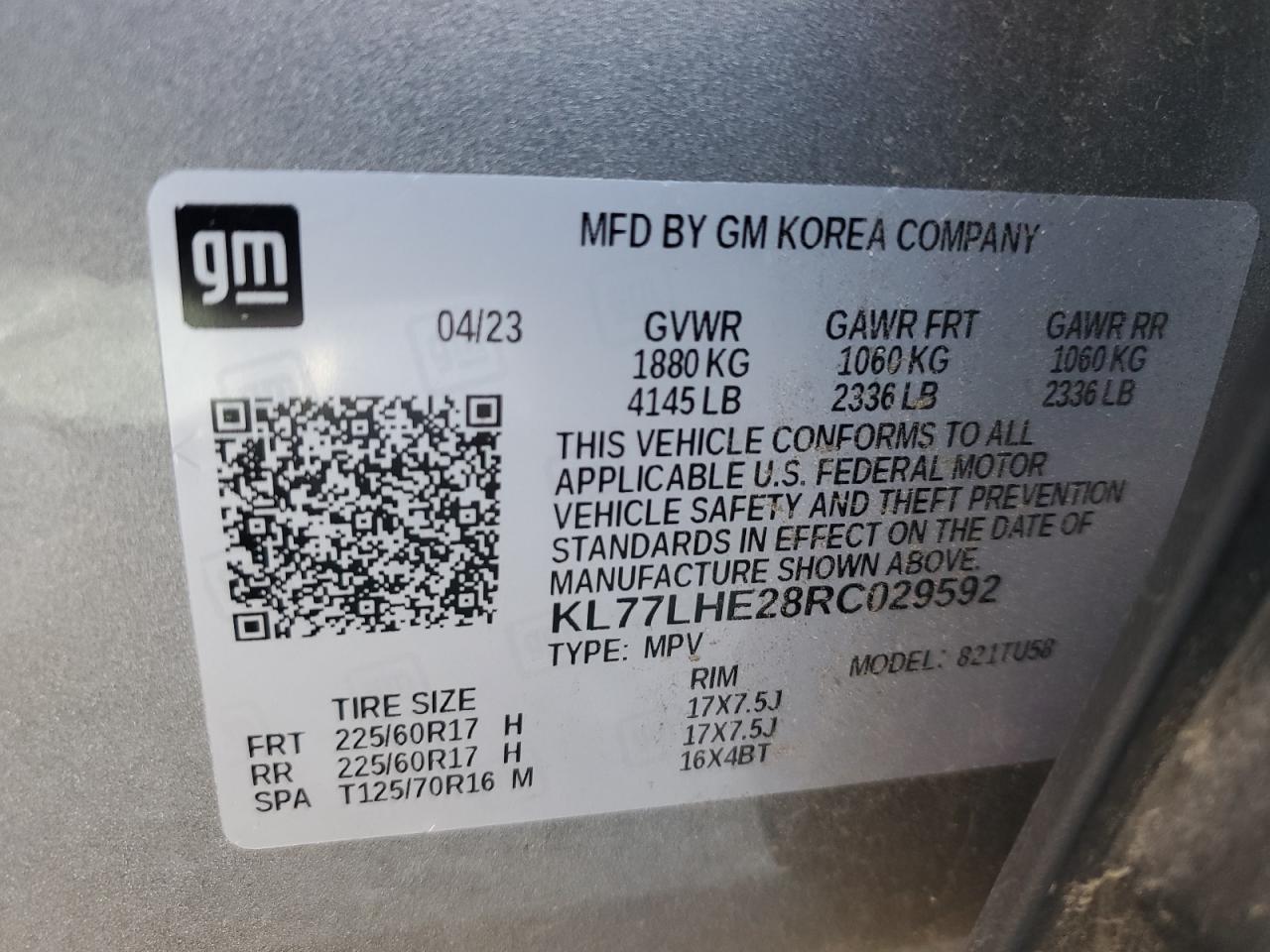 2024 Chevrolet Trax 1Lt VIN: KL77LHE28RC029592 Lot: 91515675