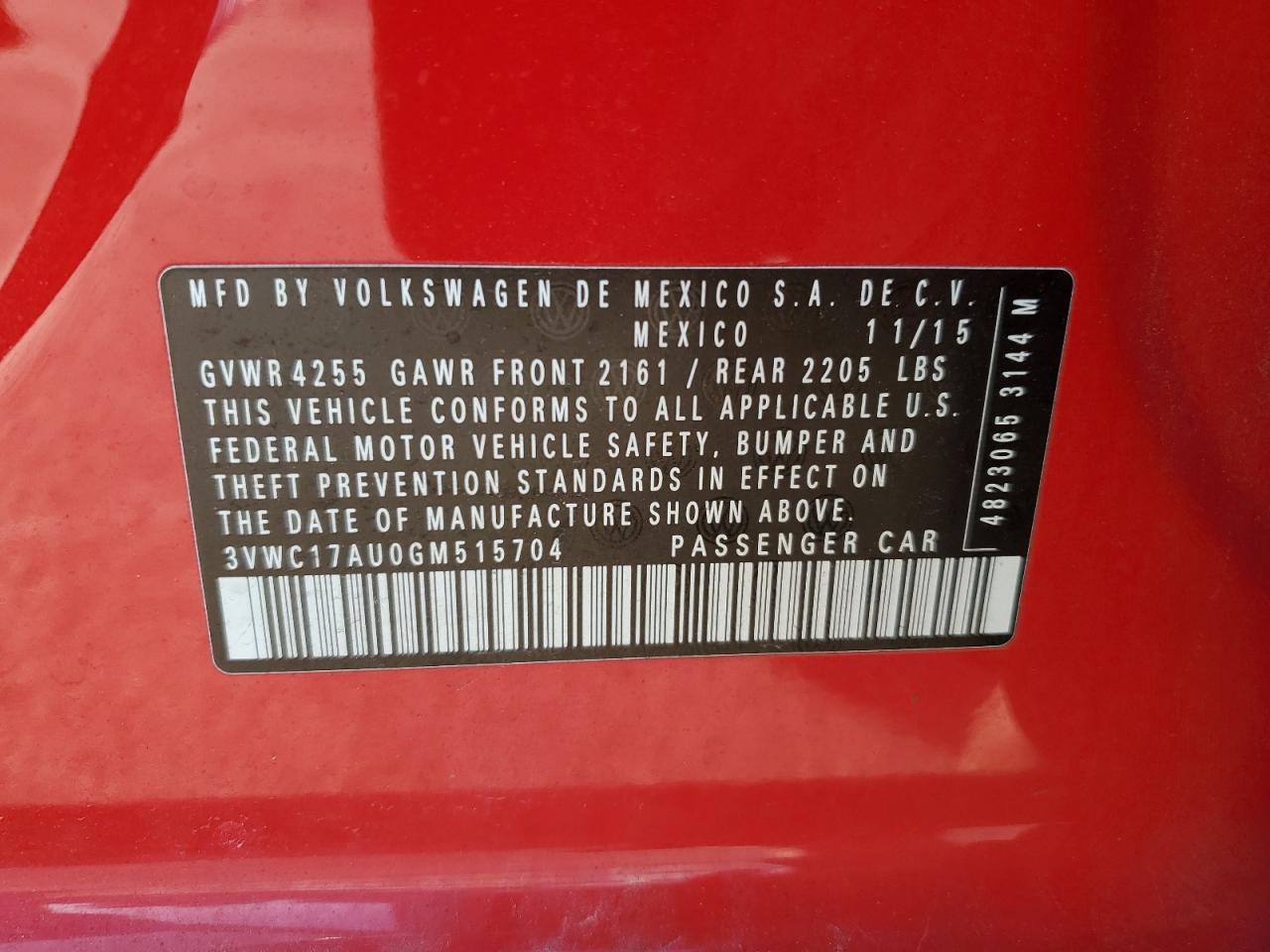 2016 Volkswagen Golf Sportwagen S VIN: 3VWC17AU0GM515704 Lot: 91960505