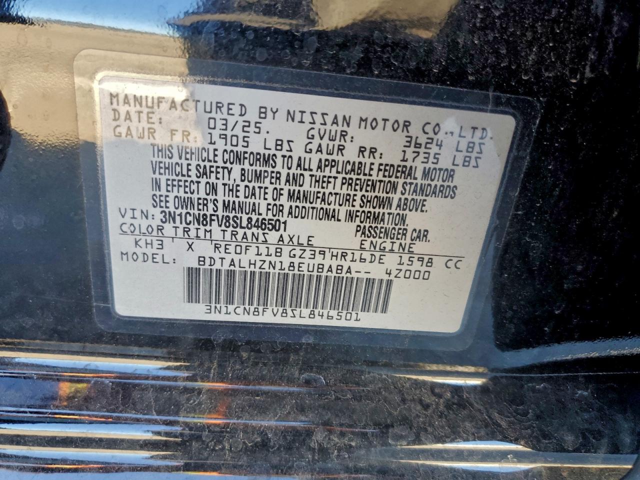 2025 Nissan Versa Sr VIN: 3N1CN8FV8SL846501 Lot: 94381945