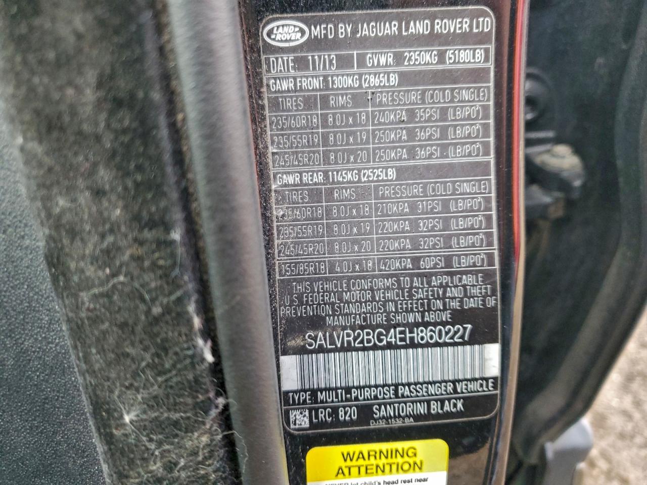 2014 Land Rover Range Rover Evoque Pure Premium VIN: SALVR2BG4EH860227 Lot: 92900315